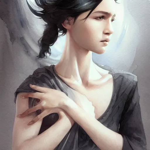 Image similar to young boy, black hair, gorgeous, amazing, delicate, elegant, intricate, highly detailed, watercolor, portrait, artstation, concept art, sharp focus, illustration, art by charlie bowater and Ross tran