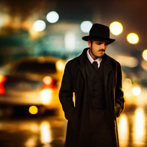 Image similar to noir detective with rain in the background bokeh