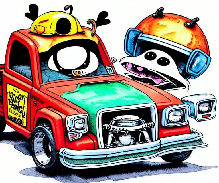 Image similar to cute and funny, racoon wearing a helmet riding in a tiny hot rod shortbed chevy truck with oversized engine, ratfink style by ed roth, centered award winning watercolor pen illustration, isometric illustration by chihiro iwasaki, edited by range murata