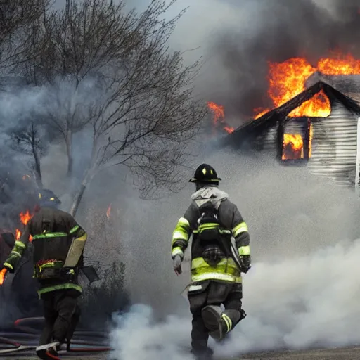 Image similar to burning house, people running out of the house