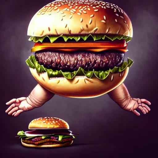 Prompt: a onster with a head like a hamburger, burger with human eyes, burger with human mouth, teeth, very detailed eyes, french fries as arms, character concept art, fantasy, intricate, fantasy drawing, illustration, highly detailed, hyperrealistic, cgsociety, artstation, oil painting by greg rutkowski, by artgerm