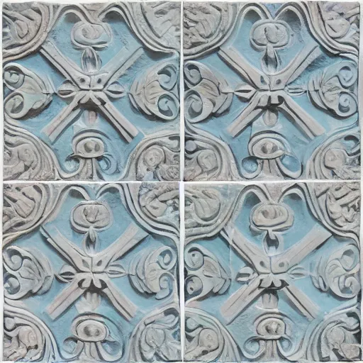 Prompt: intricate colourfully painted _ carved soapstone relief paneling white and pale blue