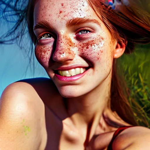 Image similar to portrait of a cute thin young woman, bronze brown hair, eye color is emerald green, red blush, cute freckles, smug smile, modern clothes, relaxing on the beach, golden hour, close up shot, 8 k, art by irakli nadar, hyperrealism, hyperdetailed, ultra realistic