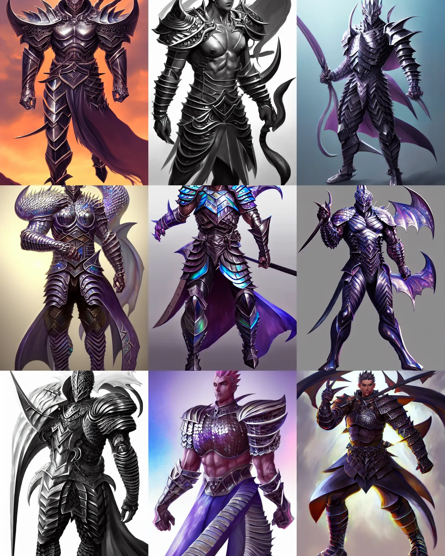 Prompt: Full body character concept art of an anime draconian warrior knight, iridescent scales, cool face, muscular, by Stanley Artgerm Lau, WLOP, Rossdraws, James Jean, Andrei Riabovitchev, Marc Simonetti, and Sakimichan, tranding on artstation