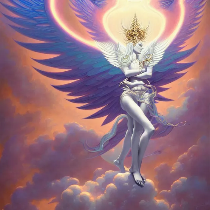 Prompt: stylized painting of an psychedelic angelic celestial being mythical creature by peter mohrbacher, by jung gi kim, trending on artstation, winged head, white gold skin, sacred geometry, esoteric art