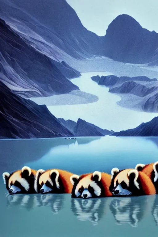 Image similar to a glacial lake in china with 8 red pandas swimming together by arthur haas and bruce pennington and john schoenherr, cinematic matte painting, zaha hadid building, photo realism, dark moody color palate, blue hour stars, desolate glacial landscape,