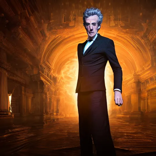 Image similar to full body pose, hyperrealistic photograph of peter capaldi, dim volumetric lighting, 8 k, octane beautifully detailed render, extremely hyper detailed, intricate, epic composition, cinematic lighting, masterpiece, trending on artstation, very very detailed, stunning, hdr, smooth, sharp focus, high resolution, award, winning photo, dslr, 5 0 mm