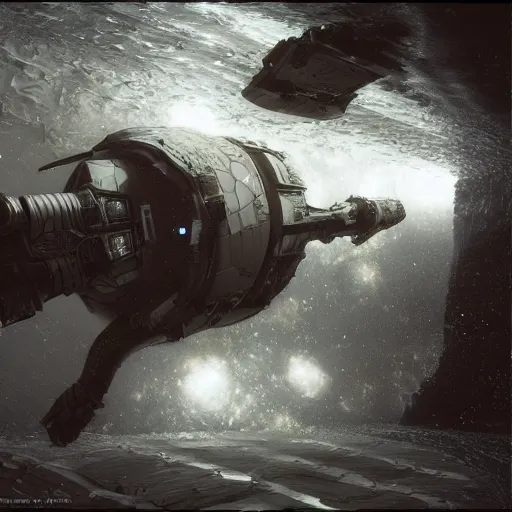 Image similar to concept art by craig mullins astronaut in futuristic dark and empty spaceship underwater. infrared complex and hyperdetailed technical suit. mandelbulb fractal. reflection and dispersion materials. rays and dispersion of light. volumetric light. 5 0 mm, f / 3 2. noise film photo. flash photography. unreal engine 4, octane render. interstellar movie art