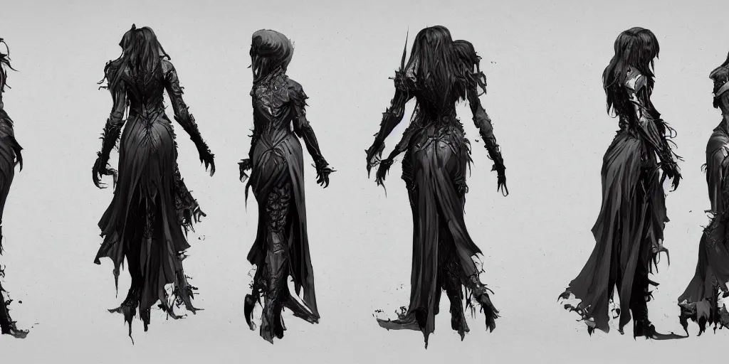 Image similar to gothic character back view and side view detail designs, Milo Manara, Greg Rutkowski, character sheet, Darek Zabrocki, Karlkka, Jayison Devadas, Phuoc Quan, trending on Artstation, 8K, ultra wide angle, pincushion lens effect