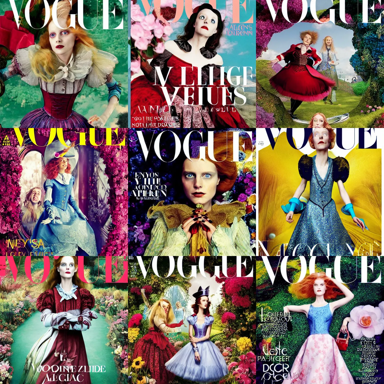 Prompt: alice through the looking glass on the cover of the vogue magazine in the style of annie leibovitz