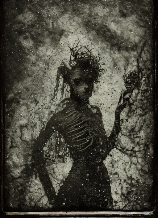 Image similar to old wetplate daguerreotype portrait of the werewolf woman, explosion of data fragments, fractal, intricate, elegant, highly detailed, parallax, leica, medium format, subsurface scattering, by jheronimus bosch and greg rutkowski and louis jacques mande daguerre