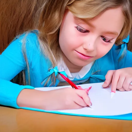 Prompt: blonde 6yo girl in light-blue shirt, tiny bow in bob hairstyle, crying tears and drawing with red crayon, realistic photo