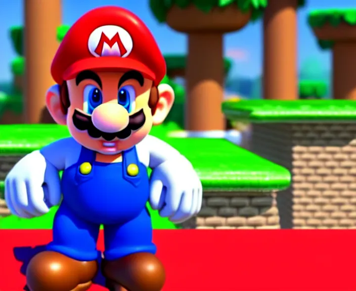 Image similar to still from a 3 d cartoon of ( ( super mario standing behind a podium!!! in the mushroom kingdom at a heated political rally, political!!!! ) ), 4 k, official screenshot, close - up