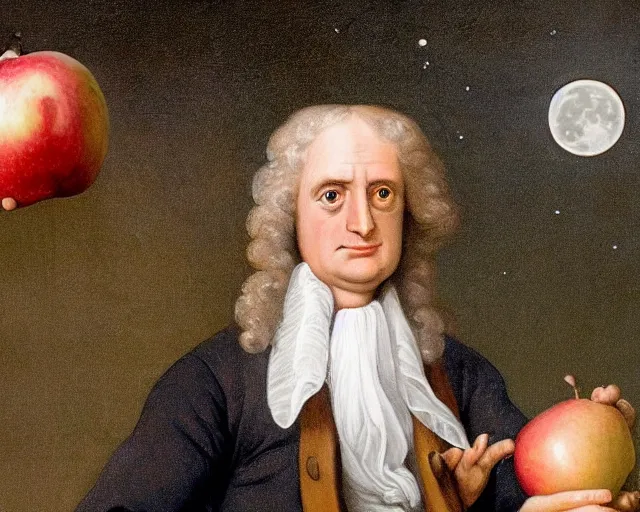 Image similar to isaac newton holding an apple in his hands and looking at the moon