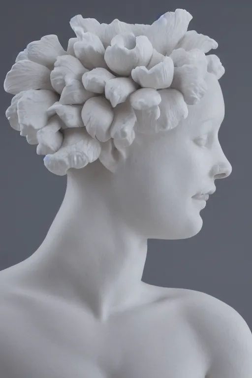 Prompt: full head and shoulders, female porcelain sculpture by daniel arsham and raoul marks, smooth, all white features on a white background, detailed white 3 d giant poppies on the head