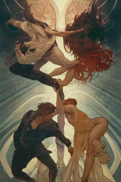 Image similar to the dayman fighting the nightman. art by artgerm and greg rutkowski and alphonse mucha and tomacz alen kopera.