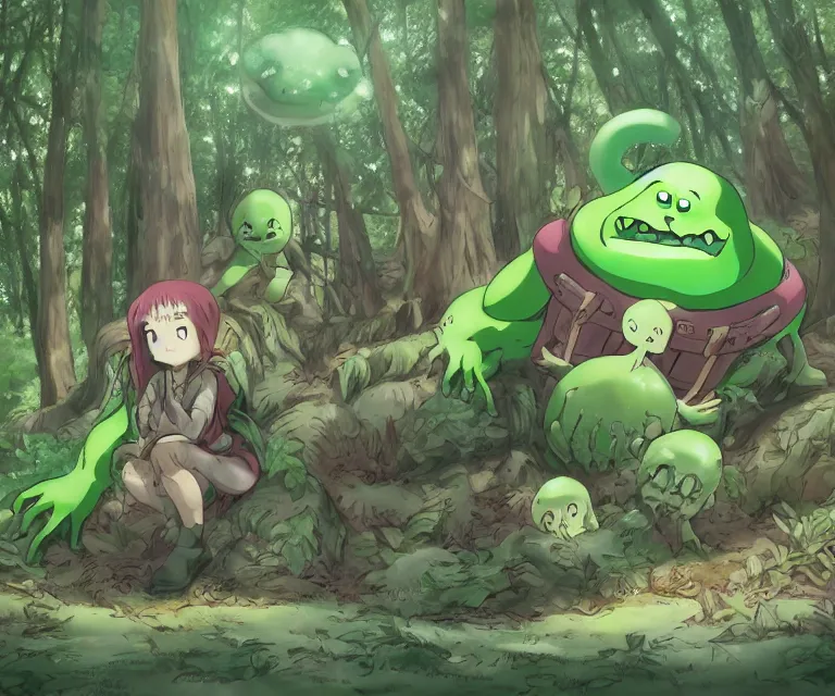 Prompt: slimer in a forest, anime fantasy illustration by tomoyuki yamasaki, kyoto studio, madhouse, ufotable, comixwave films, trending on artstation