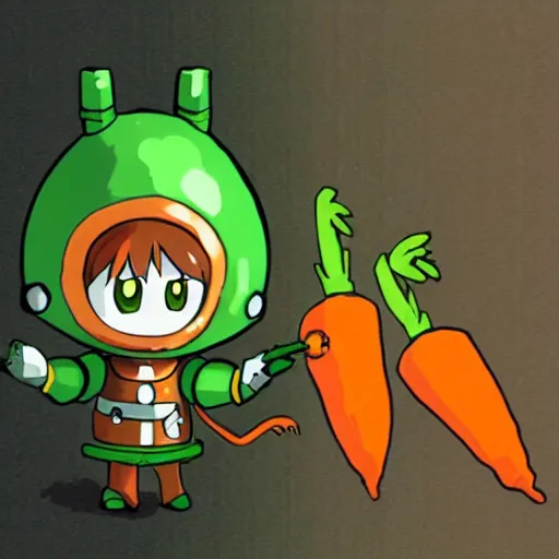 Image similar to little robot with big avocado hat and a carrot sword, made in abyss style