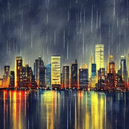 Prompt: beautiful landscape of new york city on rainy night, 4k, hd, upscaled, colourful, artstation, digital art