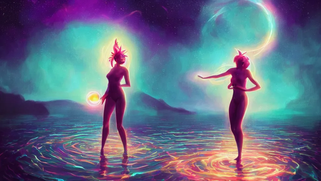 Prompt: one beautiful whimsical goddess standing in a lake basking in the moonlight, underneath a multi-colored binary blackhole with an accretion disc, glowing trails following her arms, acidwave, by Lois van Baarle, by Greg Rutkowski, by artgerm, by beeple, by studio ghibli, cinematic angle, volumetric lighting, 4k resolution, octane render, trending on artstation, masterpiece