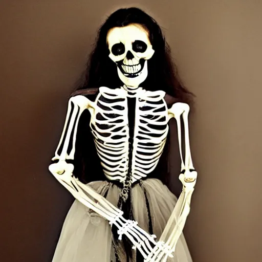 Prompt: Skeleton in a dress in style of the Victorian era