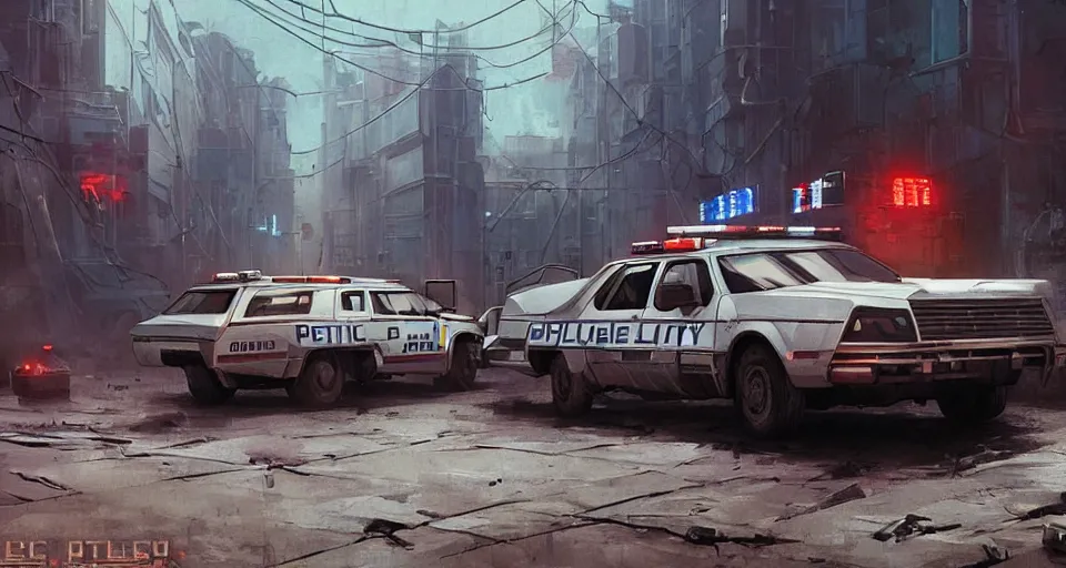 Prompt: a highly detailed epic cinematic concept art CG render digital painting artwork scene: retrofuturistic 1980s cyberpunk soviet police patrol car. By Greg Rutkowski, Ilya Kuvshinov, WLOP, Stanley Artgerm Lau, Ruan Jia and Fenghua Zhong, trending on ArtStation, made in Maya, Blender and Photoshop, octane render, excellent composition, cinematic dystopian brutalist atmosphere, dynamic dramatic cinematic lighting, aesthetic, very inspirational, arthouse