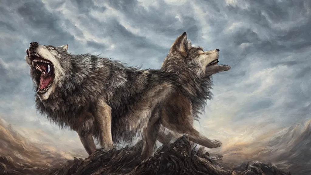 Prompt: a giant wolf howling in front of a tree, highly detailed oil painting, epic fantasy art, abstraction, masterpeice, 8k