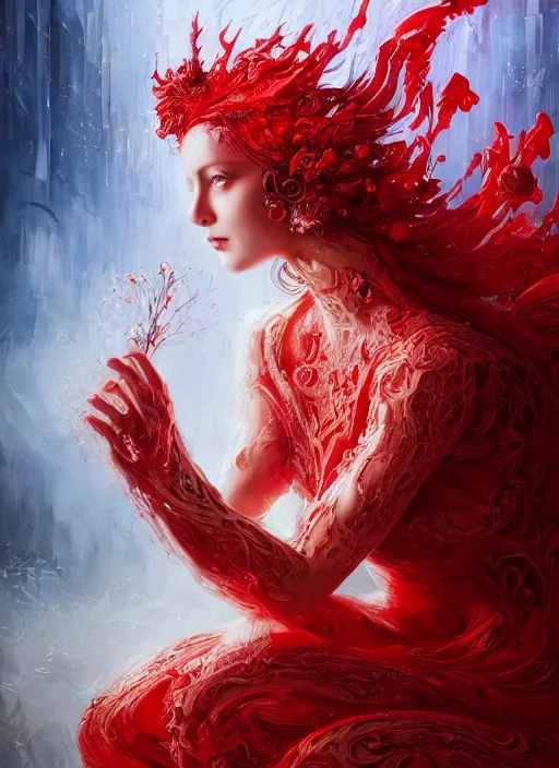 Image similar to woman in love sit upon a scarlet coloured beast, pain, royal dress, light effect, hyper detailed, intricate, atmospheric, elegant, highly detailed, digital painting, artstation, concept art, matte, sharp focus, illustration, by james jean, andrei riabovitchev, marc simonetti, yoshitaka amano