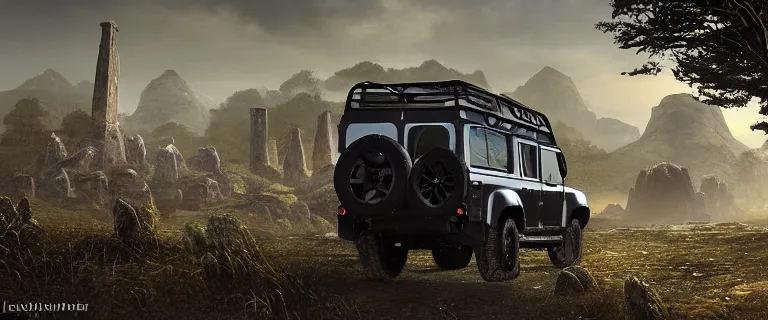 Image similar to Land Rover Defender 110 (1985), The Elder Scrolls III: Morrowind, dwemer Akulakhan robot in the distance, ancient dwemer ruins, an epic fantasy, dramatic lighting, cinematic, establishing shot, extremely high detail, photorealistic, cinematic lighting, artstation, by simon stalenhag, the Nerevarine drives across Morrowind, strange flora, strange fauna, Bull Netch floating around, Morrowind fauna prominent across the landscape