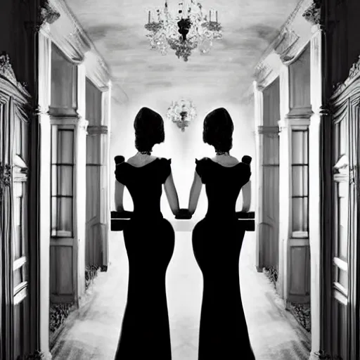 Prompt: a beautiful victorian woman is frightened by her doppleganger in a mirror. she is in a long hallway of mirrors. elegant design, haunting atmosphere, dimly lit, gothic, horror style, mist, low angle, 3 / 4 view.