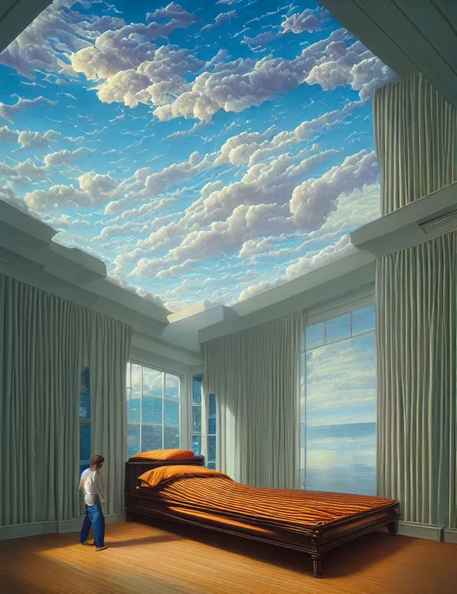 Image similar to a photo of a bed floating in the middle of an giant room with windows opening to eternity by casey weldon by thomas blackshear by lee madgwick, octane render, recursive, flowing, cascading, multiverse, labyrinthine
