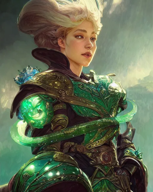 Image similar to Portrait of a Fantasy emerald knight, moonlit, HD, illustration, epic, D&D, fantasy, intricate, elegant, highly detailed, digital painting, artstation, concept art, smooth, sharp focus, illustration, art by artgerm and greg rutkowski and alphonse mucha, monster hunter illustrations art book