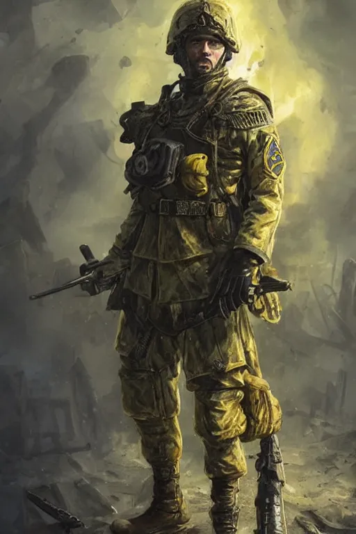 Image similar to a distant shot of a Ukrainian Call of Duty soldier with blue and yellow uniform standing alone on a pile of skulls as a winner, masculine figure, D&D, fantasy, intricate, elegant, highly detailed, extremely detailed, digital painting, artstation, concept art, matte, sharp focus, symmetrical, illustration, art by Artgerm and Greg Rutkowski and Alphonse Mucha