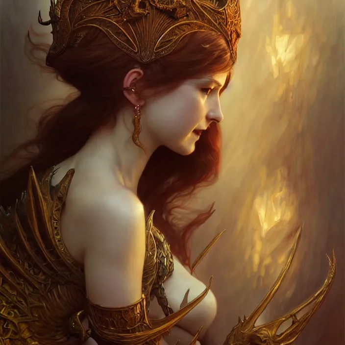 Image similar to dragon queen, diffuse lighting, fantasy, intricate, elegant, highly detailed, lifelike, photorealistic, digital painting, artstation, illustration, concept art, smooth, sharp focus, art by john collier and albert aublet and krenz cushart and artem demura and alphonse mucha