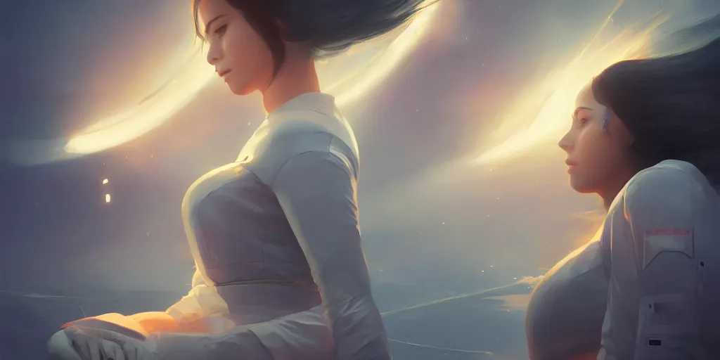 Image similar to Young Himalayan woman, somber white eyes, long, gentle lighting, piloting a small space shuttle, futuristic, dim lighting, digital art by Makoto Shinkai ilya kuvshinov and Wojtek Fus, digital art, concept art,