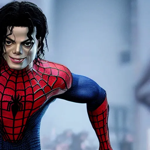 Prompt: Michael Jackson as spiderman, 4K action packed movie with lots of Unreal Engine realistic 2022 graphics