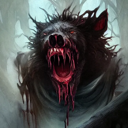 Image similar to Dark Fantasy Painting of a werewolf with blood dripping from its mouth, creepy, unsettling, horror, upper body, intricate, wild, highly detailed, digital painting, artstation, concept art, smooth, sharp focus, illustration, art by artgerm and greg rutkowski and alphonse mucha