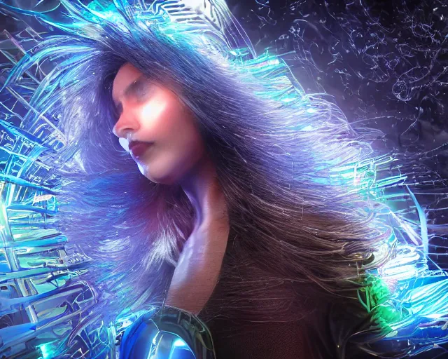 Image similar to glowing hair, complex cybernetic beings, beautiful hairy humanoids, cybermagnetosphere, cybernetic civilizations, ornate hair, love, joy, vortexes, large arrays, data holograms, 8 k, cinematic light shadows, wet hdr refractions, *, * * *, * * * * *