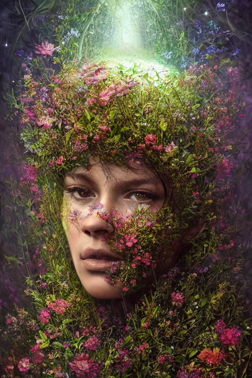 Prompt: a stunning ultra detailed fantasy fine art closeup photo of trinx ebros surrounded by blooming floral foliage, fireflies!!, by tomasz alen kopera, igor morski and anna dittman, misty night, very detailed, deep depth of field, 8 5 mm lens, soft lighting, artstation, highly coherent, 8 k