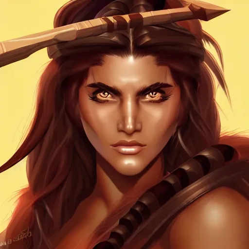 Image similar to head and shoulders portrait of a barbarian, female, by artgerm, behance hd, shutterstock, clean cel shaded vector art illustration,