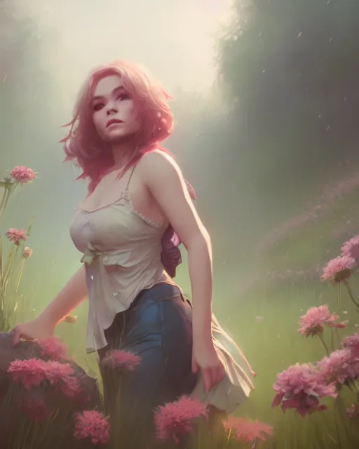 Image similar to tuesday weld surrounded by mist and pretty flowers, very detailed, realistic face, detailed face, matte, tonemapping, bbwchan, perfection, 4 k, cushart krenz, cinematic, atmospheric