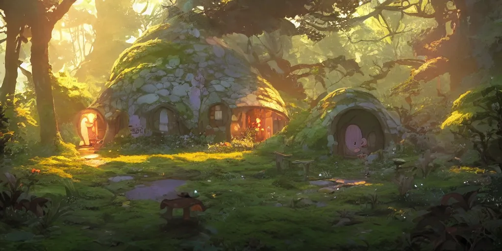 Prompt: magic hobbit mushrooms house in the woods, moss, lianna, jungles, by cory loftis & akihiko yoshida & james gilleard & atey ghailan & makoto shinkai & goro fujita & studio ghibli, rim light, exquisite lighting, clear focus, magic atmosphere, very coherent, plain background, soft painting