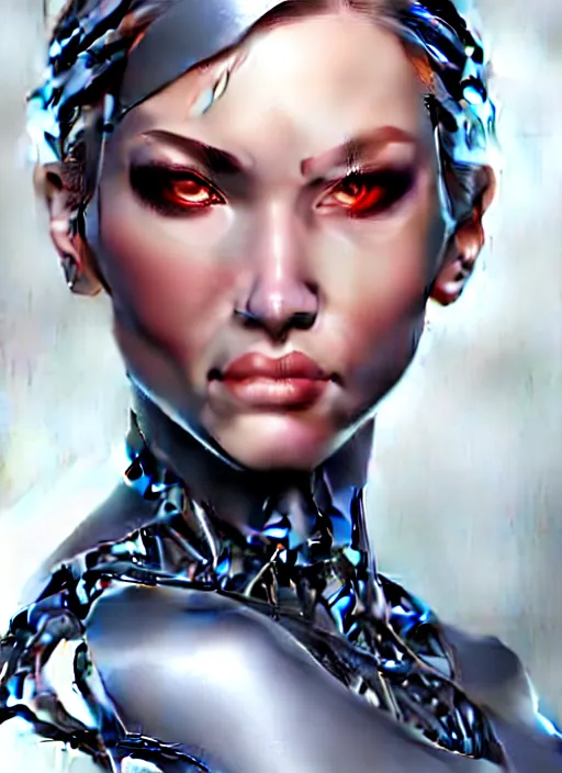 Prompt: portrait of a cyborg woman by Artgerm, face in profile +3000!!!!!!!!!!!!!!, biomechanical, hyper detailled, trending on artstation