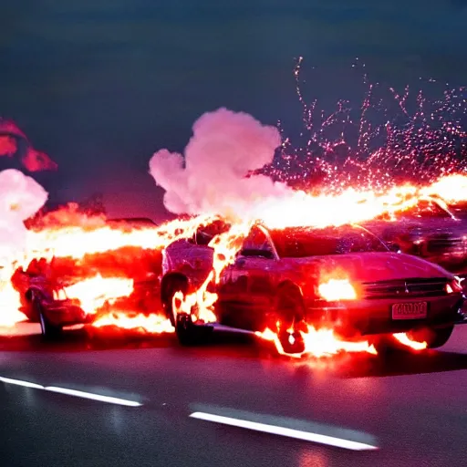Prompt: professional photograph of donald!! trump!! on the highway firebending cars, dramatization