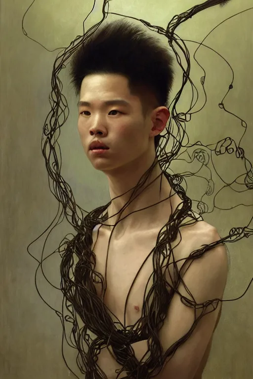 Image similar to hyperrealist portrait of elijah zu bailey, it is decorated with long wires that fall like vines and wears small computers over their body. by jeremy mann and alphonse mucha, fantasy art, photo realistic, dynamic lighting, artstation, poster, volumetric lighting, very detailed faces, 4 k, award winning