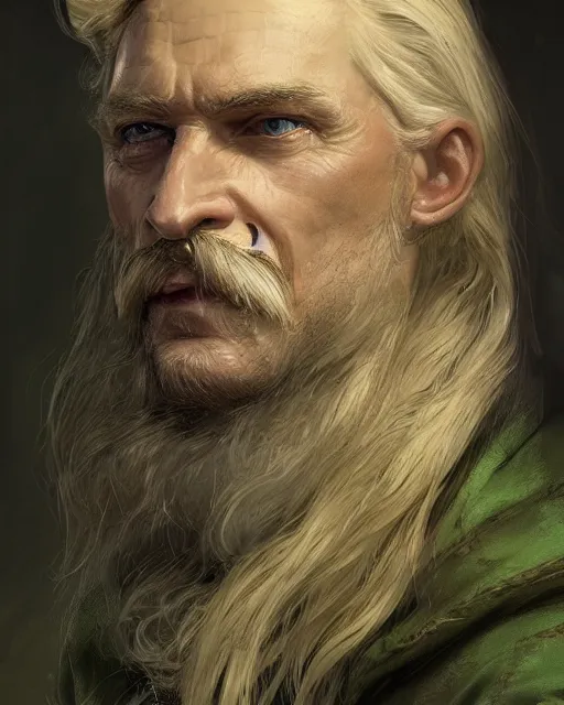 Prompt: half - length portrait of a 9 8 - year - old human male noble with long blonde hair and green eyes, mustache, no beard, medieval setting, detailed face, highly detailed, artstation, concept art, sharp focus, by greg rutkowski, craig mullins, artgerm