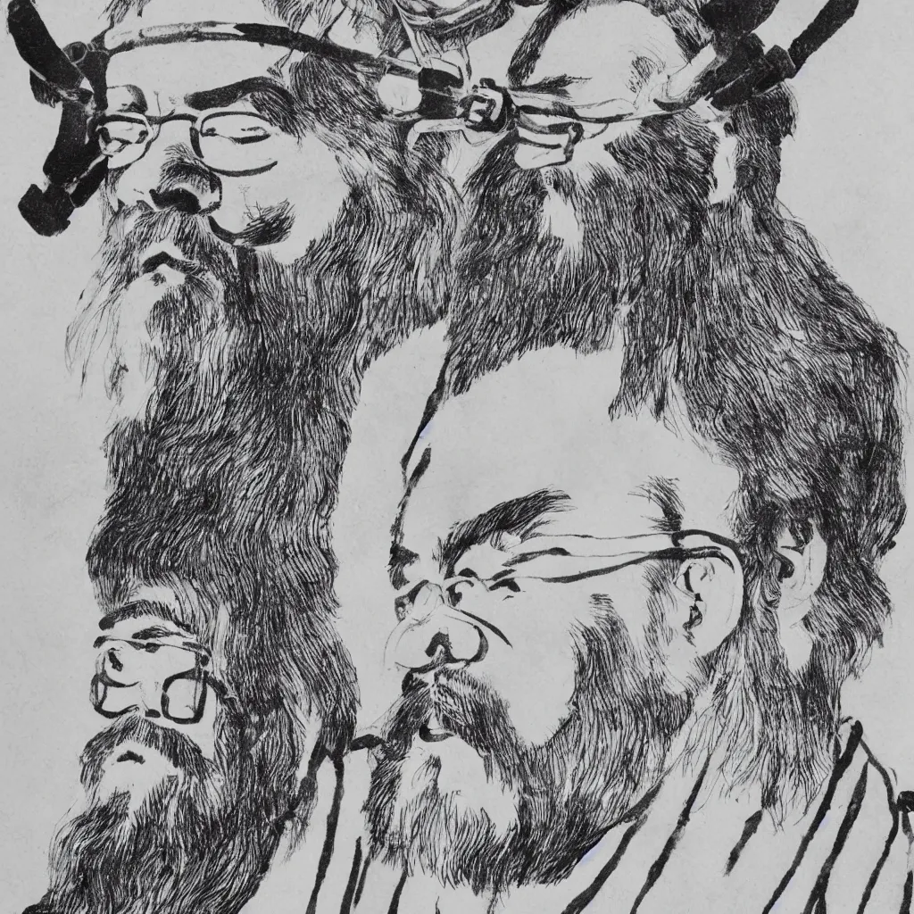 Image similar to confucius wearing vr headset, chinese ink painting