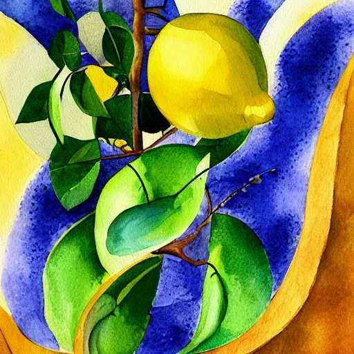 Prompt: surrealist lemon tree, trending on artstation, watercolor painting, cubism