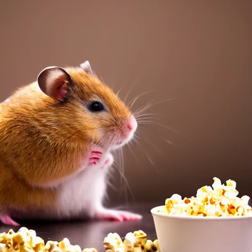 Image similar to photo of a hamster eating popcorn from a bucket of popcorn, various poses, unedited, soft light, sharp focus, 8 k