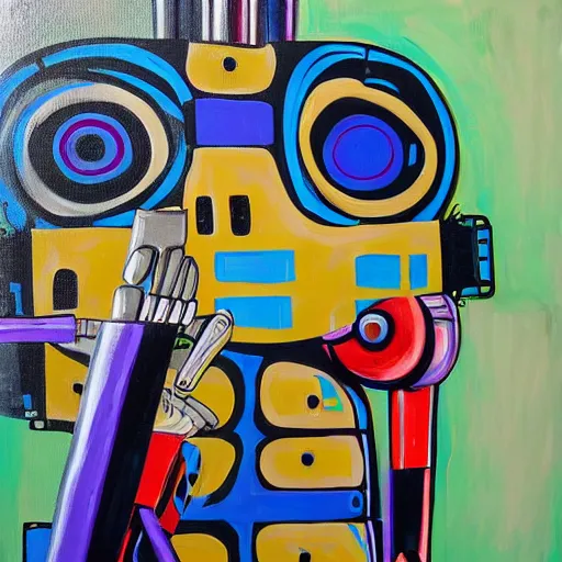 Image similar to a robot painter, painting on a canvas